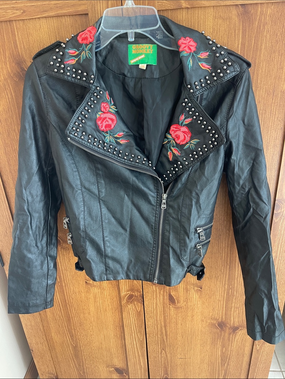 Black Leatherette Studded Moto Jacket with Red Rose Embroidery
